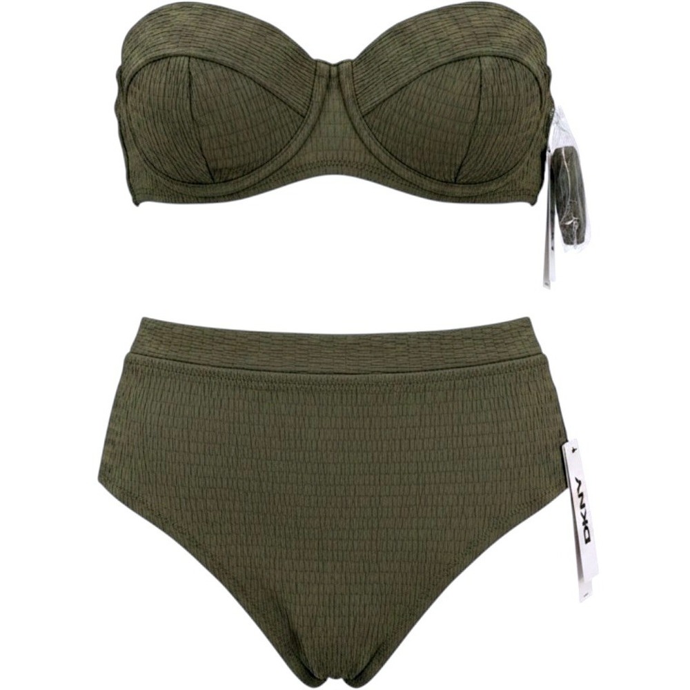 DKNY Bikini Set ~ Large ~ Olive Green Textured High Waist Underwire Bandeau~ NWT